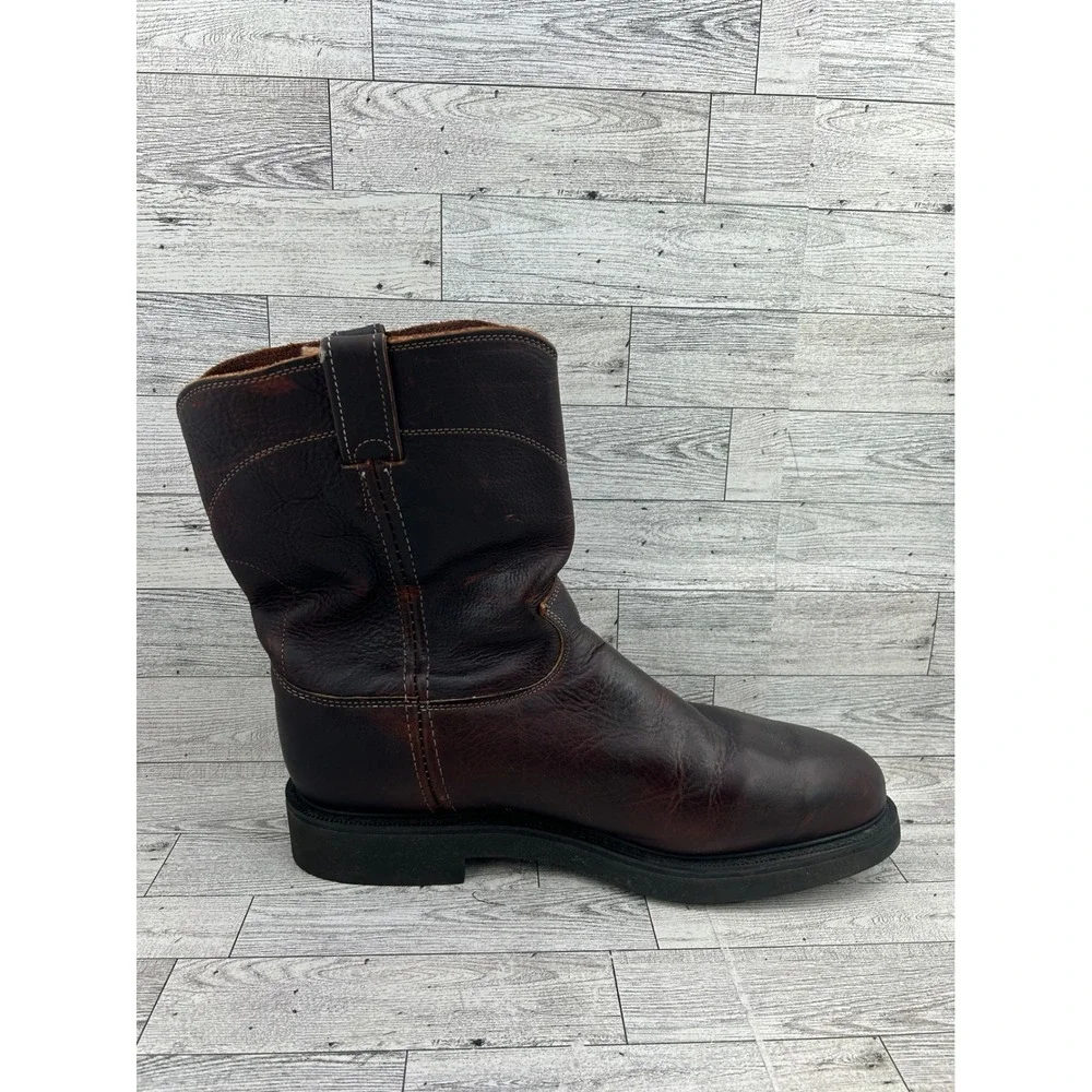 Justin Dark Brown Leather‎ Work Boots Pull On Roper Round Toe Oil Resist Men 12D